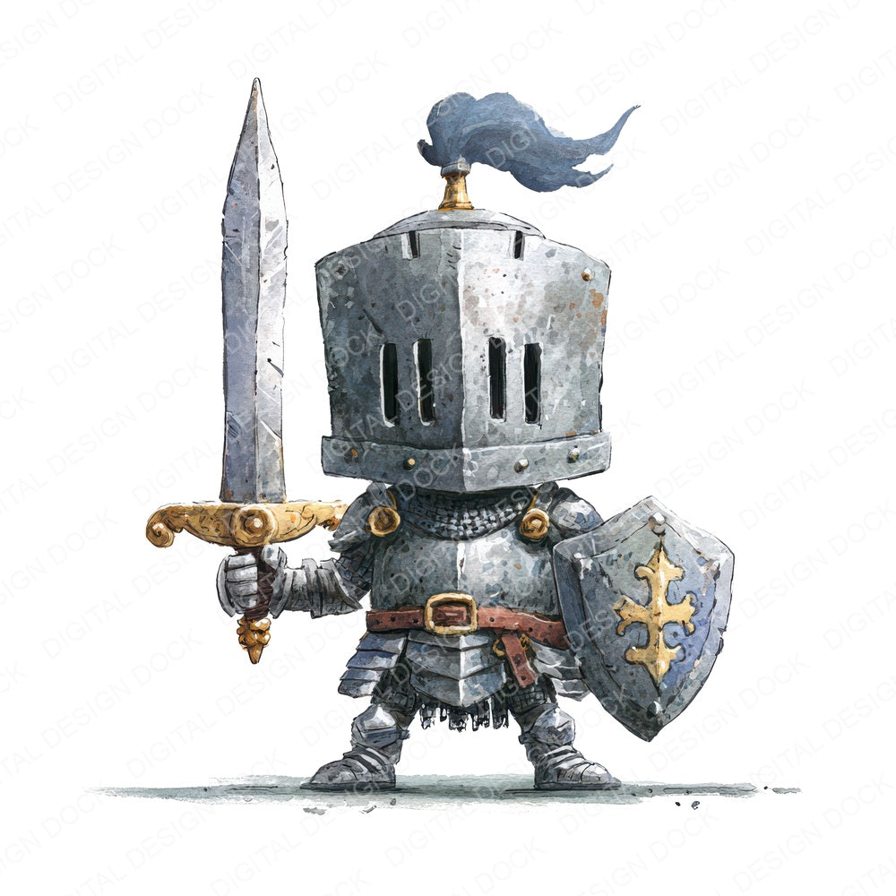 Watercolour Knight with Sword fussy cut sheet in US Letter format showing all 12 designs on one printable page
