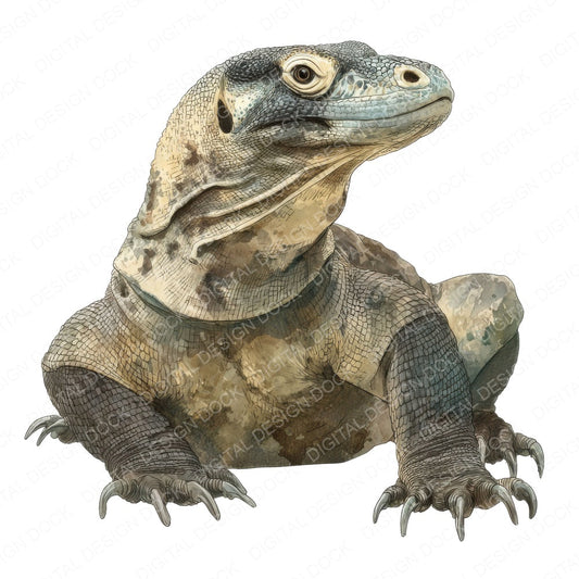 Watercolour Komodo Dragon fussy cut sheet in A4 format showing all 12 designs on one printable page