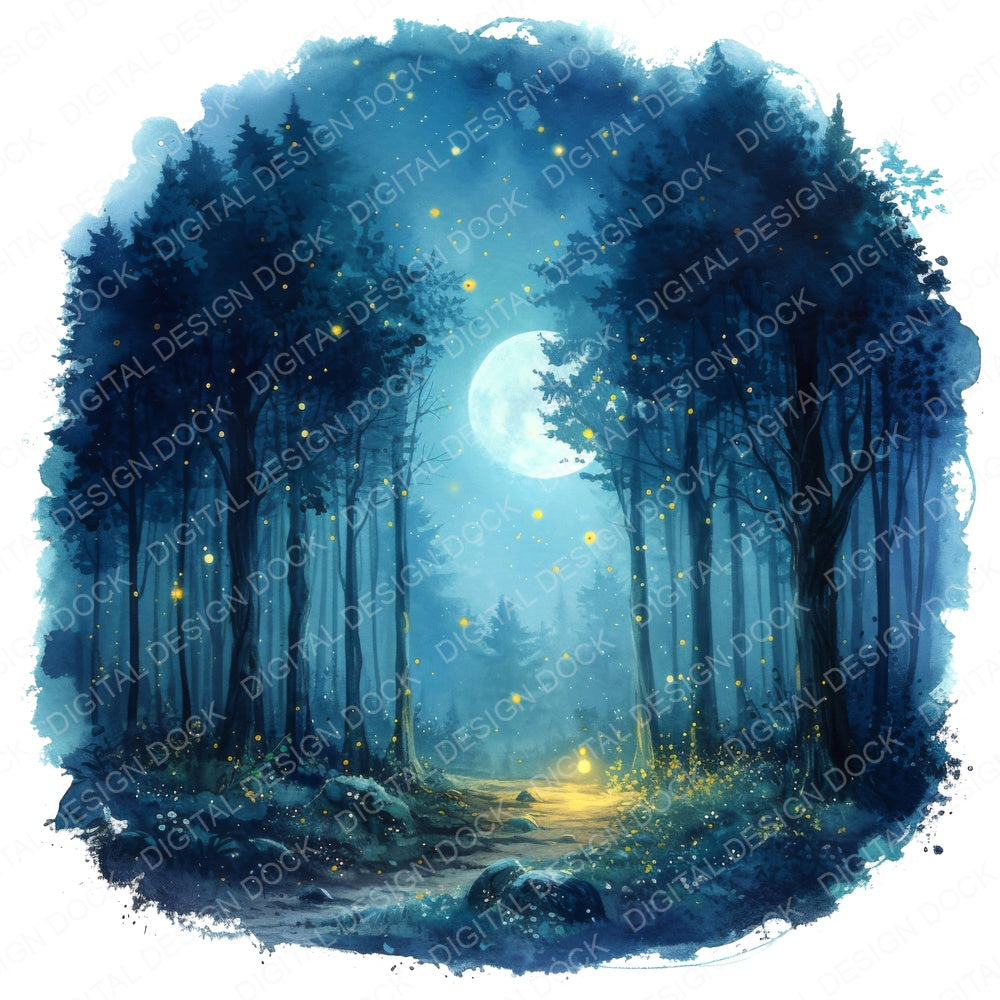 Watercolour Magical Night Forest fussy cut sheet in A4 format showing all 12 designs on one printable page