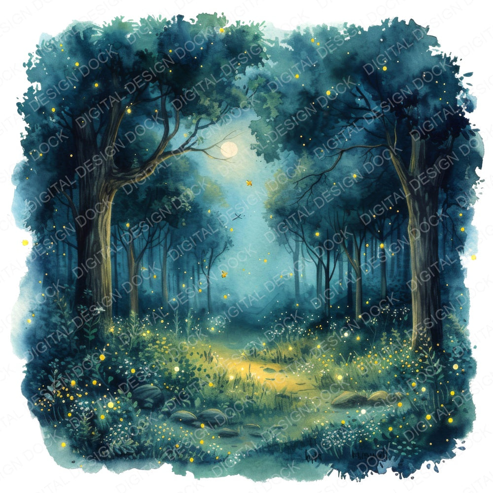 Watercolour Magical Night Forest fussy cut sheet in US Letter format showing all 12 designs on one printable page