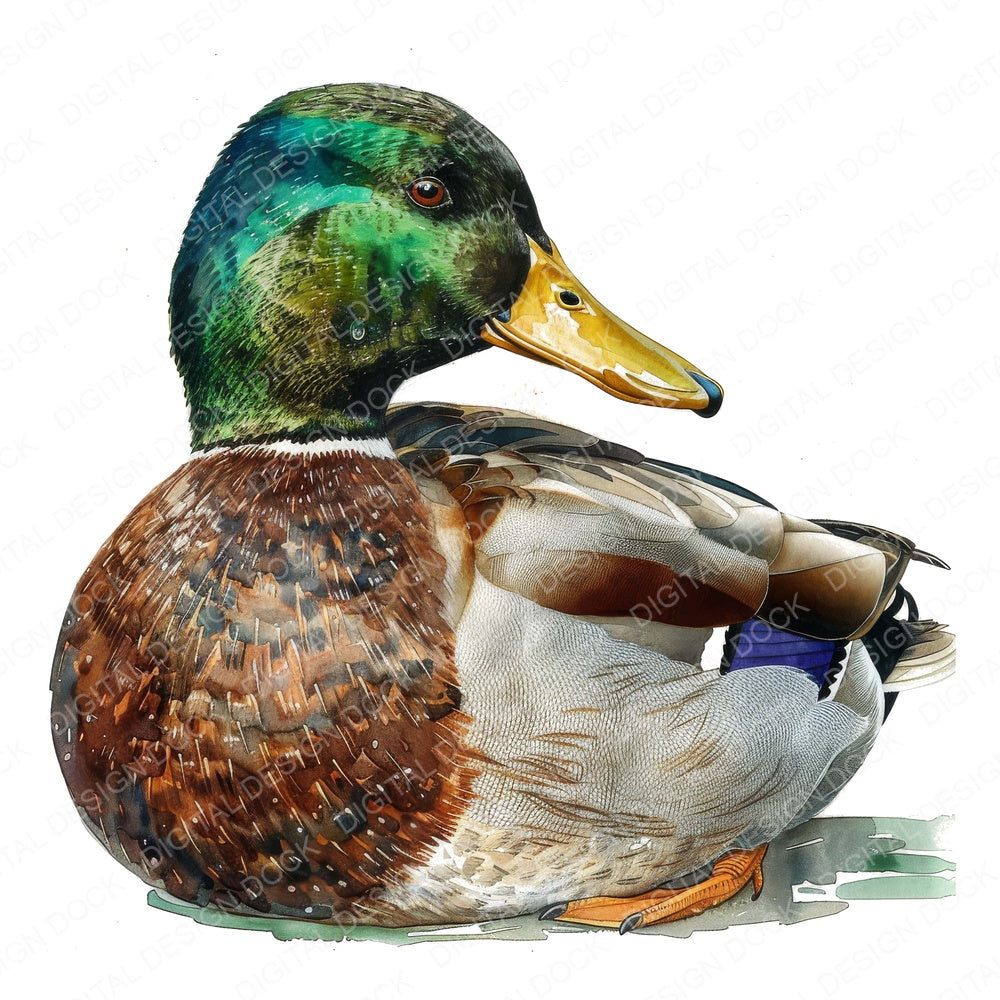 Watercolour Mallard Duck B fussy cut sheet in US Letter format showing all 12 designs on one printable page