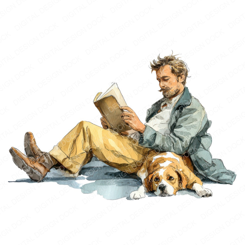 Watercolour Man Reading with Dog fussy cut sheet in A4 format showing all 12 designs on one printable page