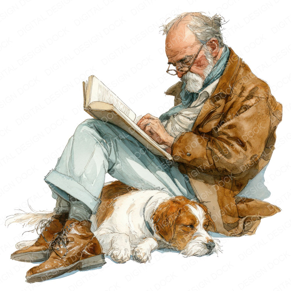 Watercolour Man Reading with Dog fussy cut sheet in US Letter format showing all 12 designs on one printable page