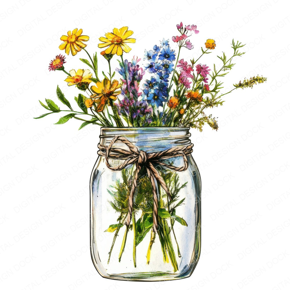 Watercolour Mason Jar Wildflowers fussy cut sheet in A4 format showing all 12 designs on one printable page