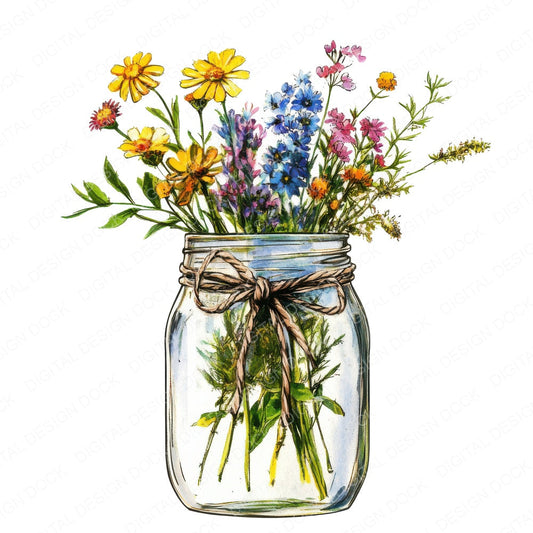 Watercolour Mason Jar Wildflowers fussy cut sheet in A4 format showing all 12 designs on one printable page
