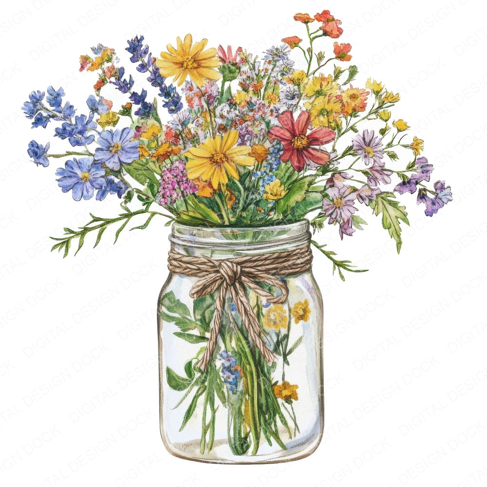 Watercolour Mason Jar Wildflowers fussy cut sheet in US Letter format showing all 12 designs on one printable page