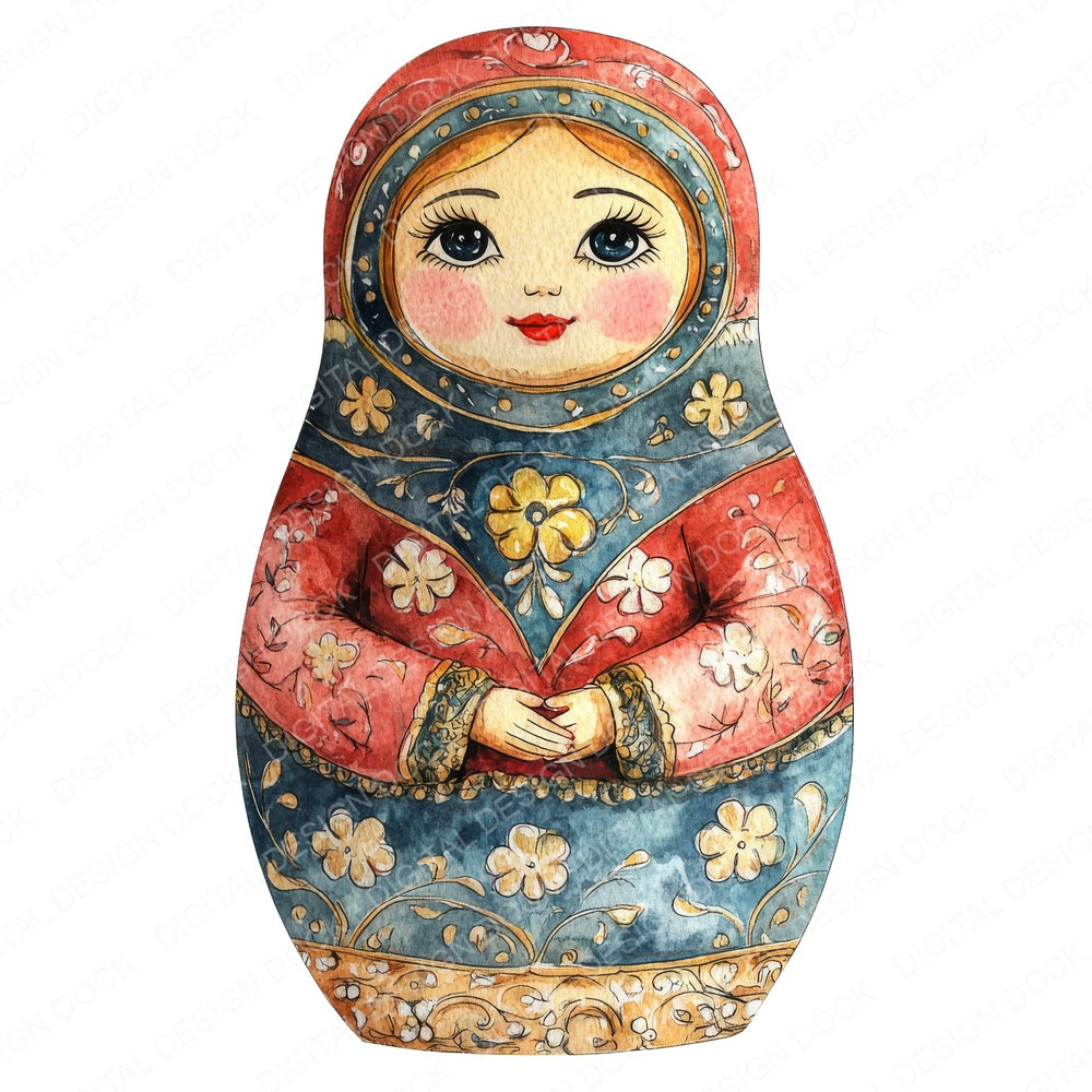 Watercolour Matryoshka Doll fussy cut sheet in A4 format showing all 12 designs on one printable page