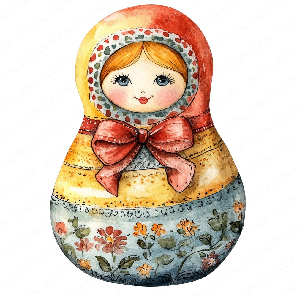 Watercolour Matryoshka Doll fussy cut sheet in US Letter format showing all 12 designs on one printable page