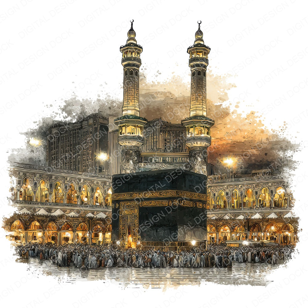Watercolour Mecca Mosque fussy cut sheet in A4 format showing all 12 designs on one printable page