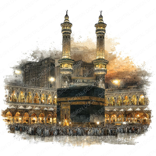 Watercolour Mecca Mosque fussy cut sheet in A4 format showing all 12 designs on one printable page