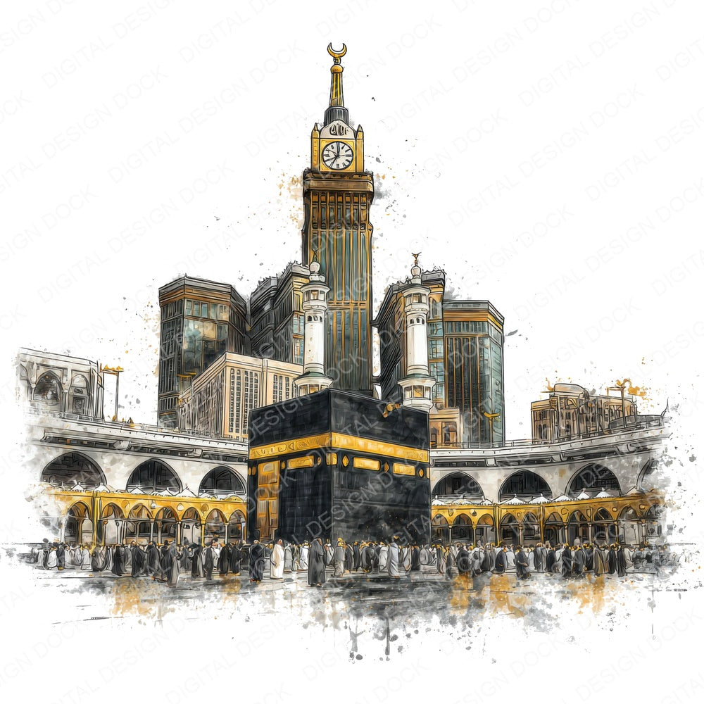 Watercolour Mecca Mosque fussy cut sheet in US Letter format showing all 12 designs on one printable page
