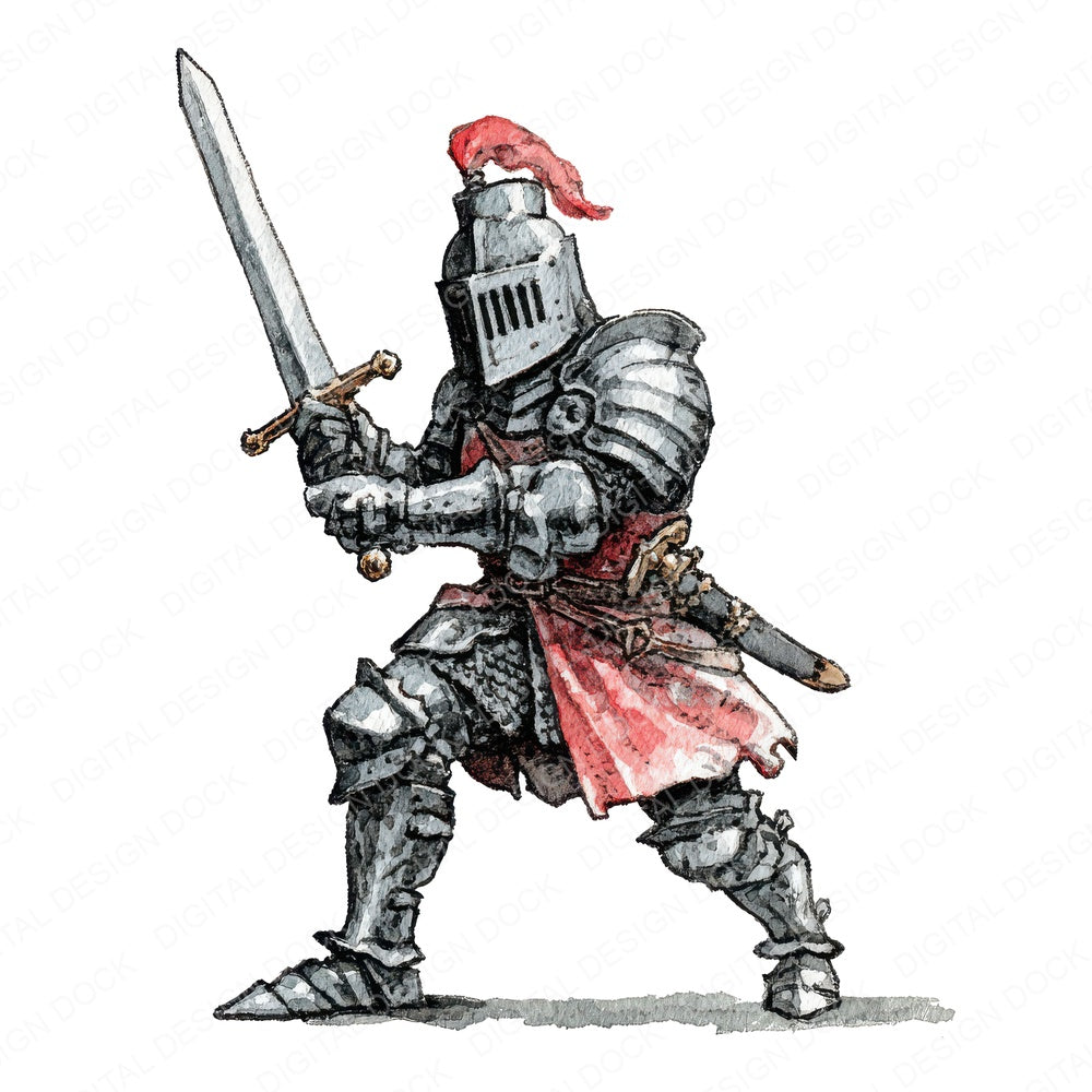 Watercolour Medieval Knight fussy cut sheet in A4 format showing all 12 designs on one printable page