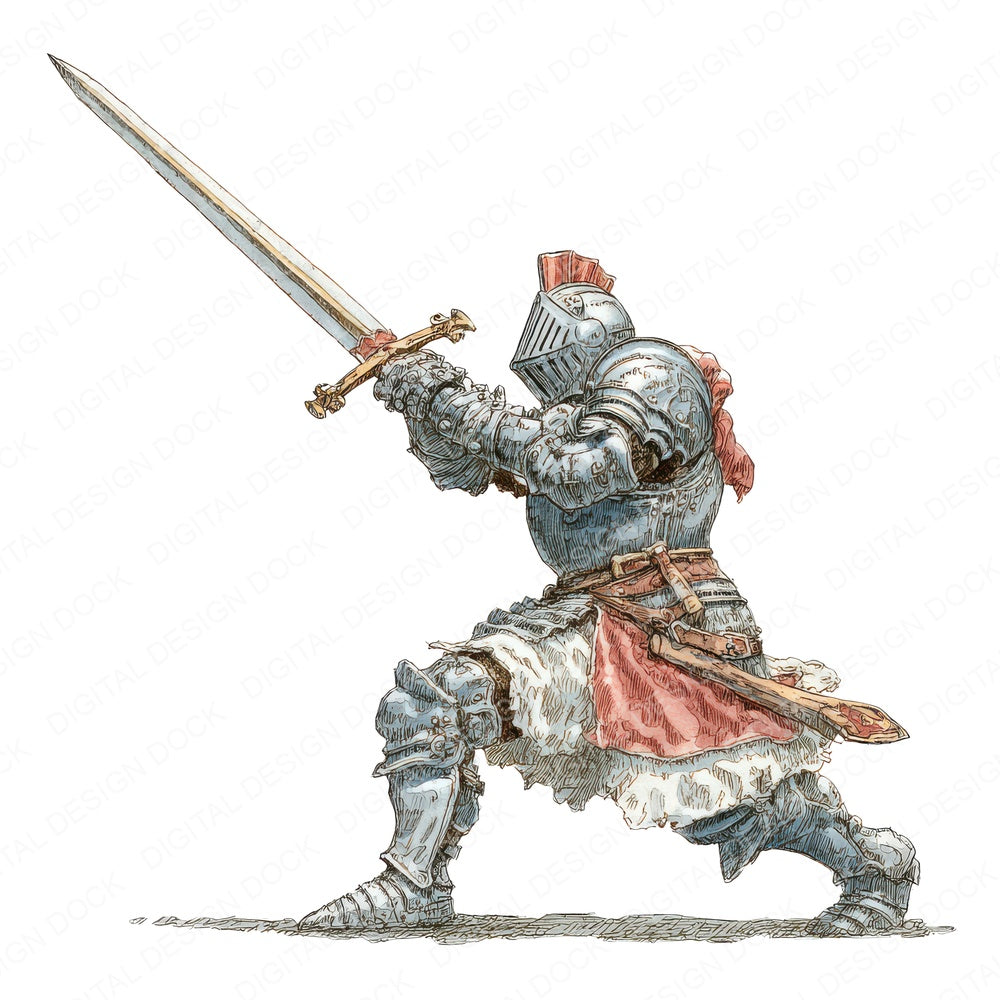 Watercolour Medieval Knight fussy cut sheet in US Letter format showing all 12 designs on one printable page