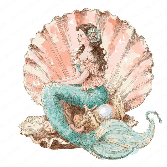 Watercolour Mermaid Seashell fussy cut sheet in A4 format showing all 12 designs on one printable page