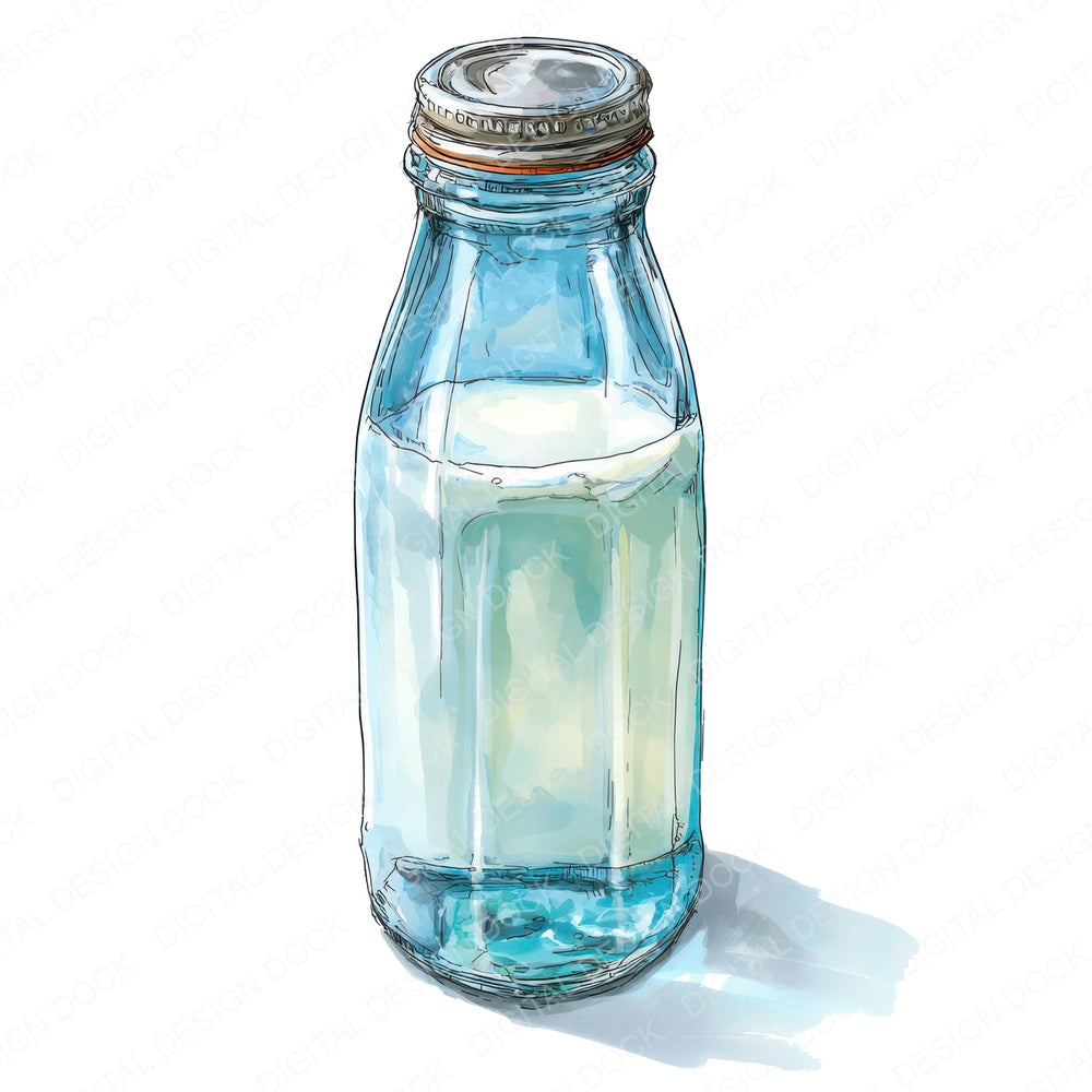 Watercolour Milk Bottle fussy cut sheet in A4 format showing all 12 designs on one printable page