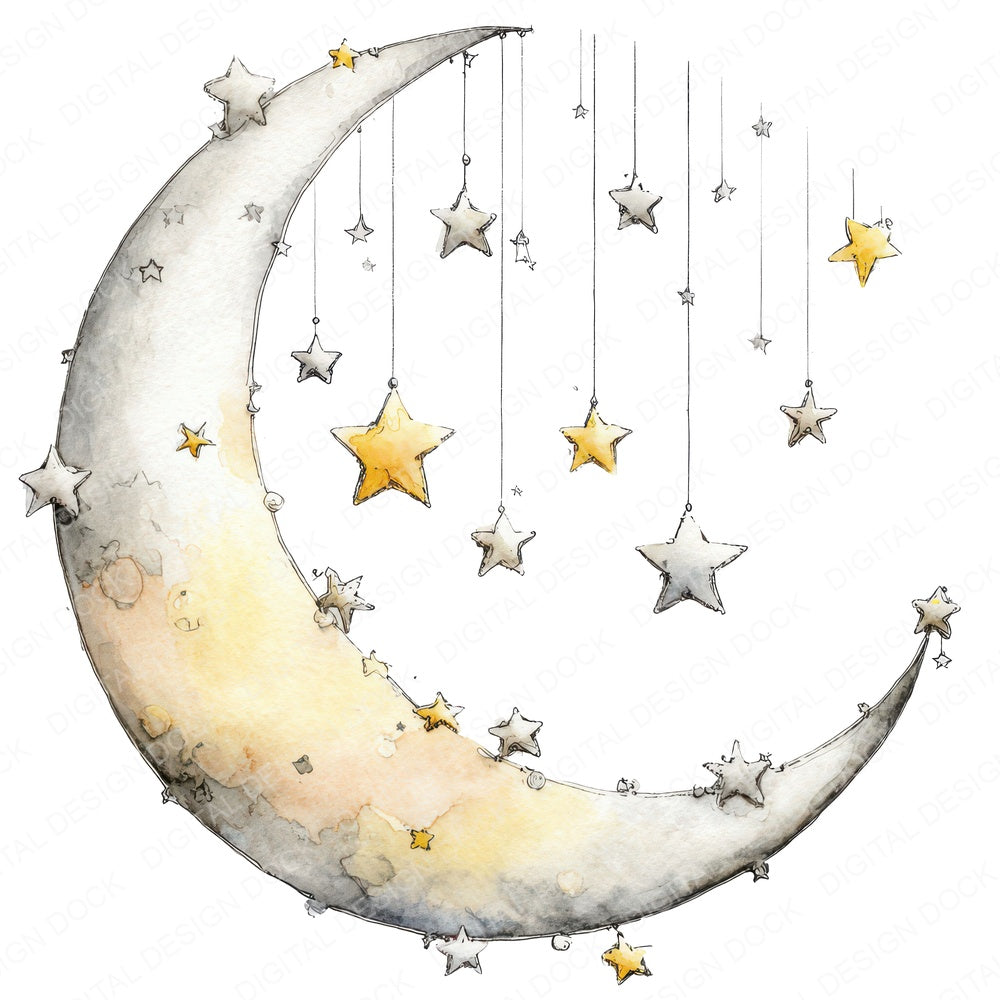 Watercolour Moon Stars fussy cut sheet in A4 format showing all 12 designs on one printable page