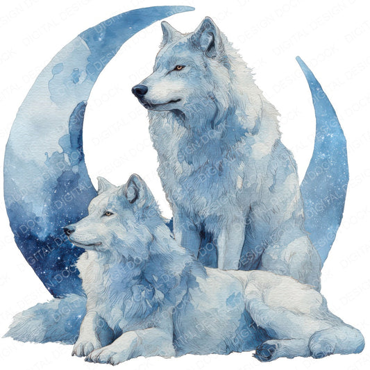 Watercolour Moon Wolf fussy cut sheet in US Letter format showing all 12 designs on one printable page