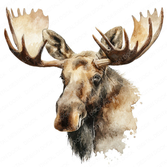 Watercolour Moose Portrait fussy cut sheet in A4 format showing all 12 designs on one printable page