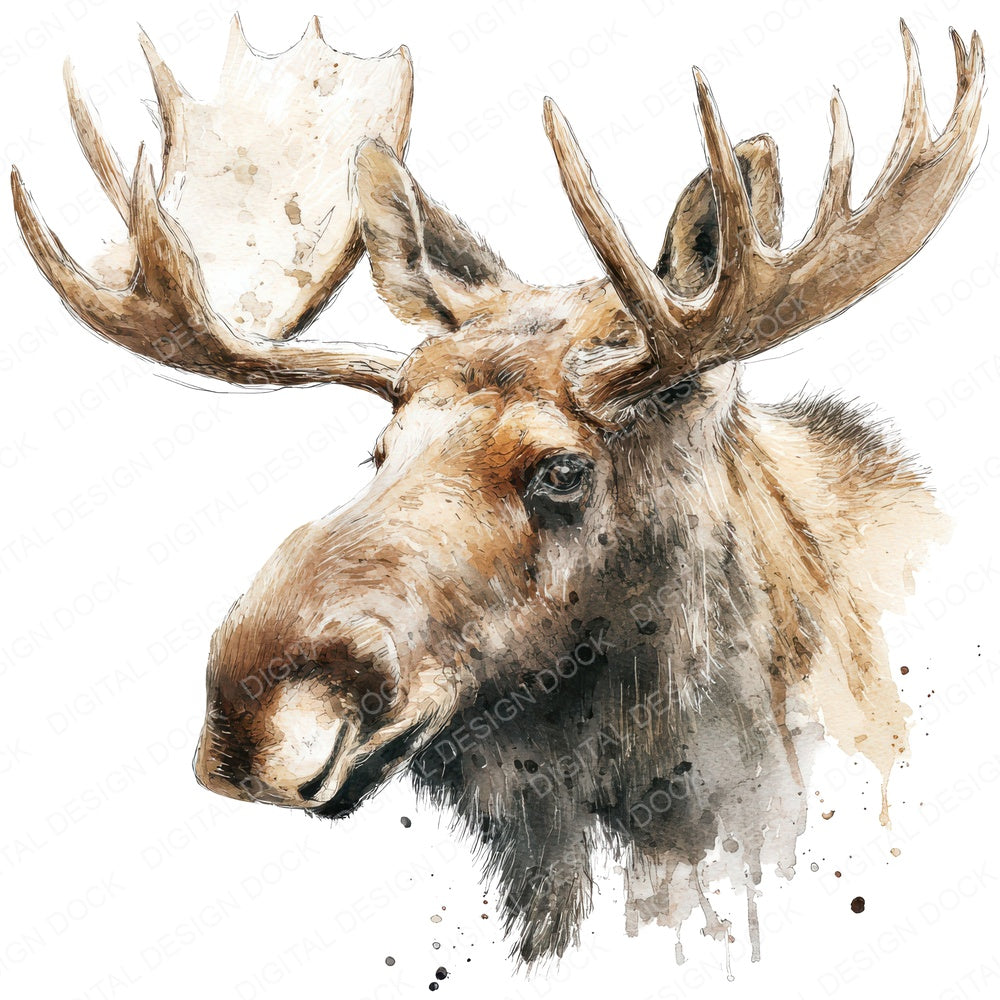 Watercolour Moose Portrait fussy cut sheet in US Letter format showing all 12 designs on one printable page