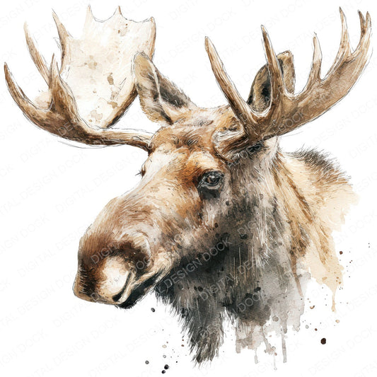 Watercolour Moose Portrait fussy cut sheet in US Letter format showing all 12 designs on one printable page