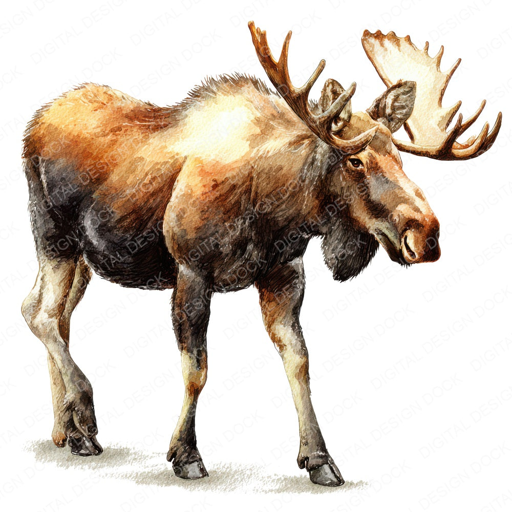 Watercolour Moose Walking fussy cut sheet in A4 format showing all 12 designs on one printable page
