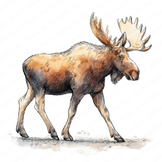 Watercolour Moose Walking fussy cut sheet in US Letter format showing all 12 designs on one printable page