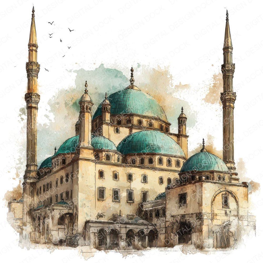Watercolour Mosque fussy cut sheet in US Letter format showing all 12 designs on one printable page