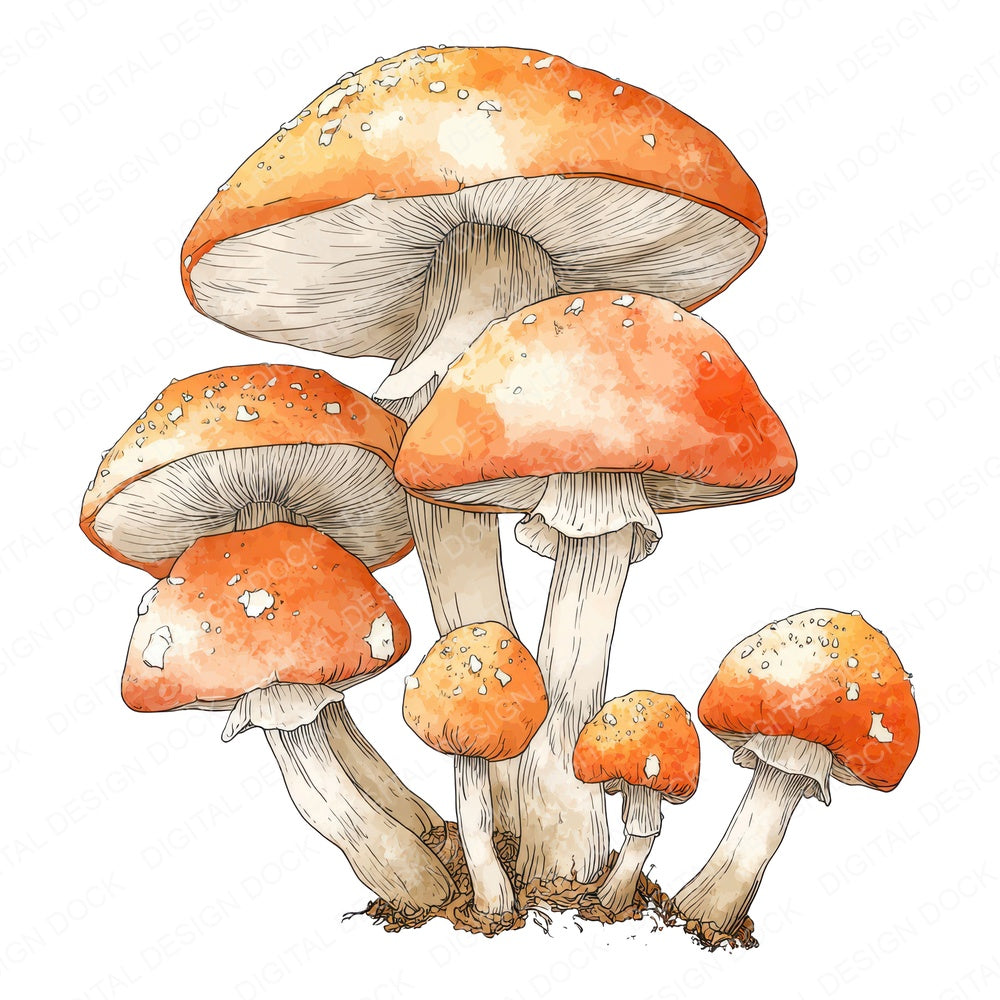 Watercolour Mushroom Cluster fussy cut sheet in A4 format showing all 12 designs on one printable page