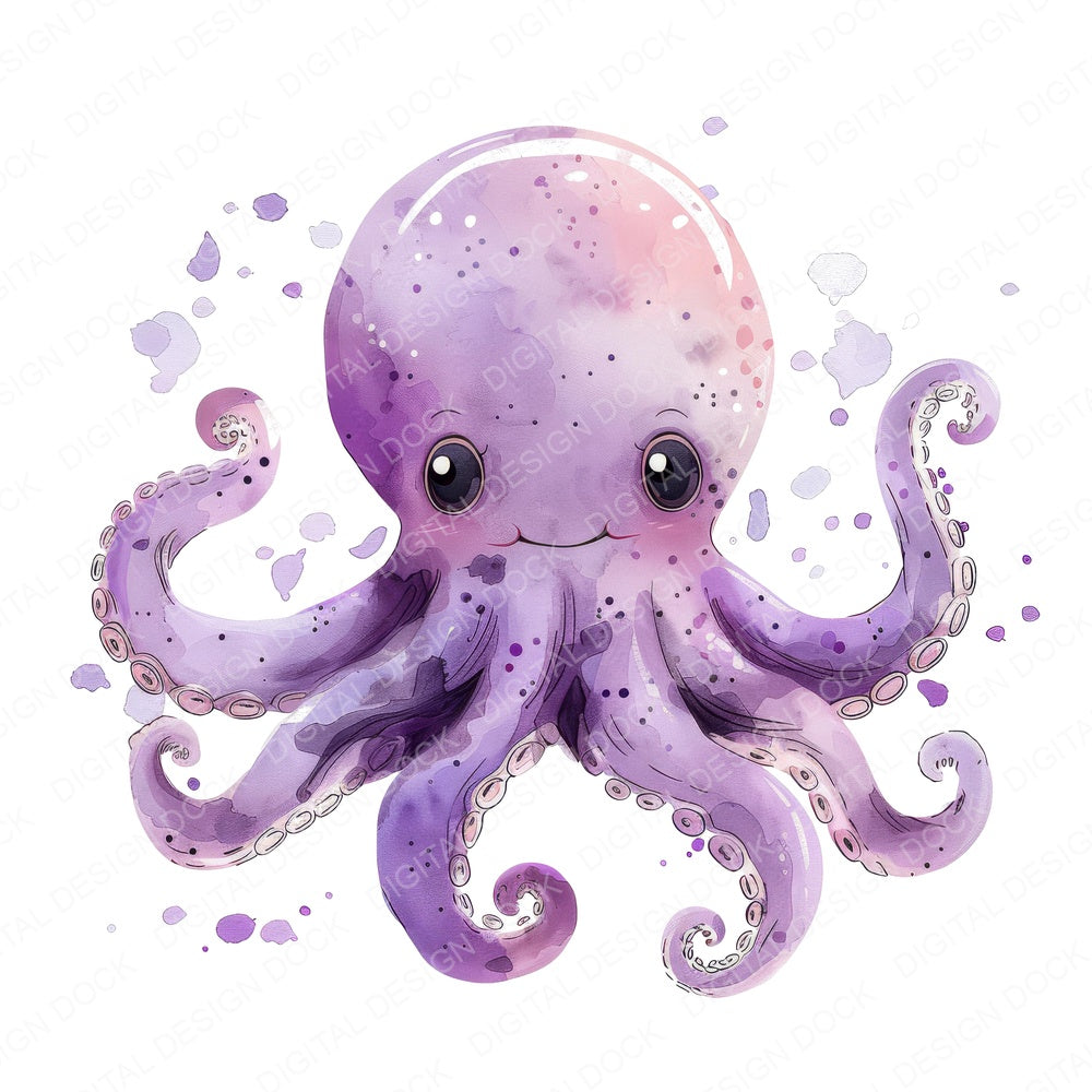 Watercolour Nursery Octopus fussy cut sheet in US Letter format showing all 12 designs on one printable page