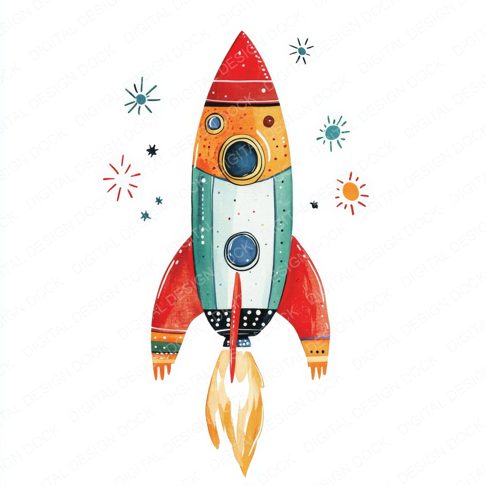 Watercolour Nursery Space Rocket fussy cut sheet in A4 format showing all 12 designs on one printable page