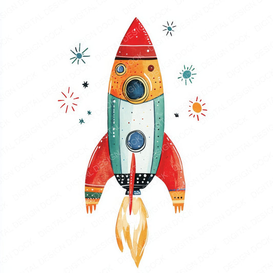 Watercolour Nursery Space Rocket fussy cut sheet in A4 format showing all 12 designs on one printable page