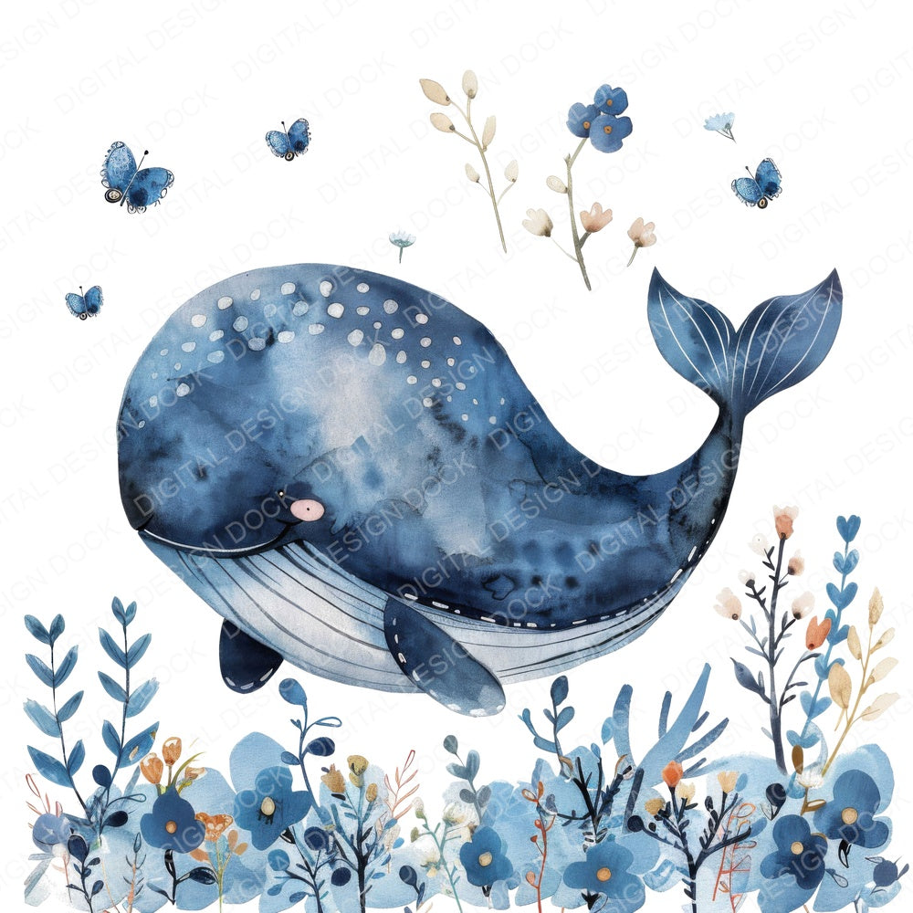 Watercolour Nursery Whale fussy cut sheet in A4 format showing all 12 designs on one printable page