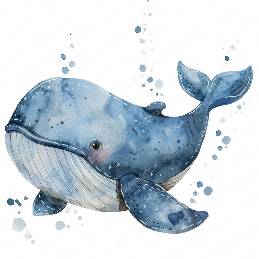 Watercolour Nursery Whale fussy cut sheet in US Letter format showing all 12 designs on one printable page