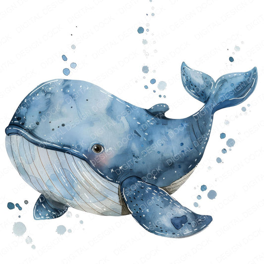 Watercolour Nursery Whale fussy cut sheet in US Letter format showing all 12 designs on one printable page
