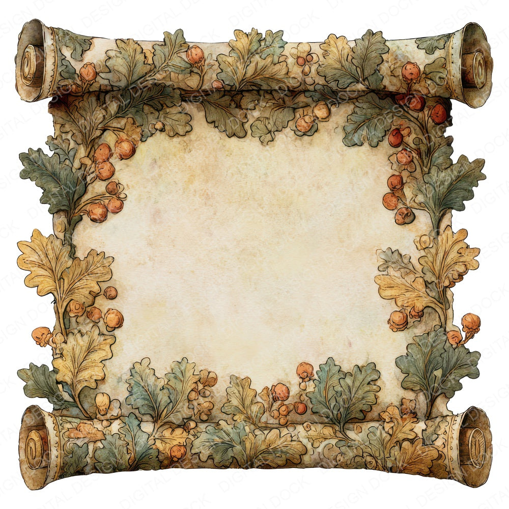 Watercolour Oak Medieval Scroll fussy cut sheet in US Letter format showing all 12 designs on one printable page