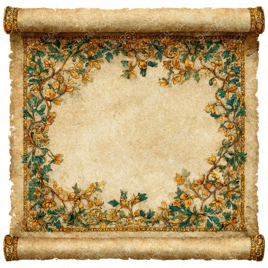Watercolour Ornate Medieval Scroll fussy cut sheet in US Letter format showing all 12 designs on one printable page
