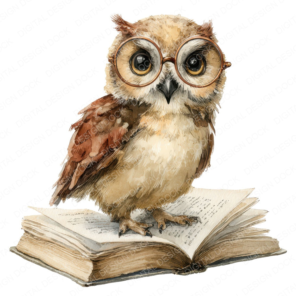 Watercolour Owl Book fussy cut sheet in US Letter format showing all 12 designs on one printable page