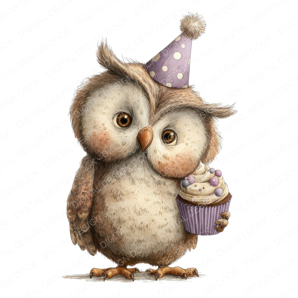Watercolour Owl Cupcake fussy cut sheet in A4 format showing all 12 designs on one printable page
