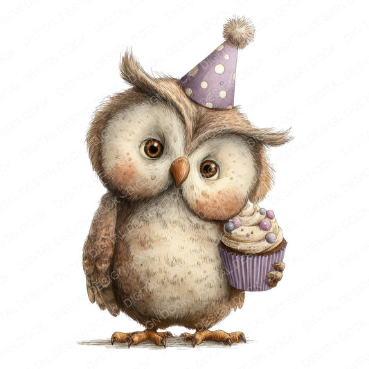 Watercolour Owl Cupcake fussy cut sheet in A4 format showing all 12 designs on one printable page