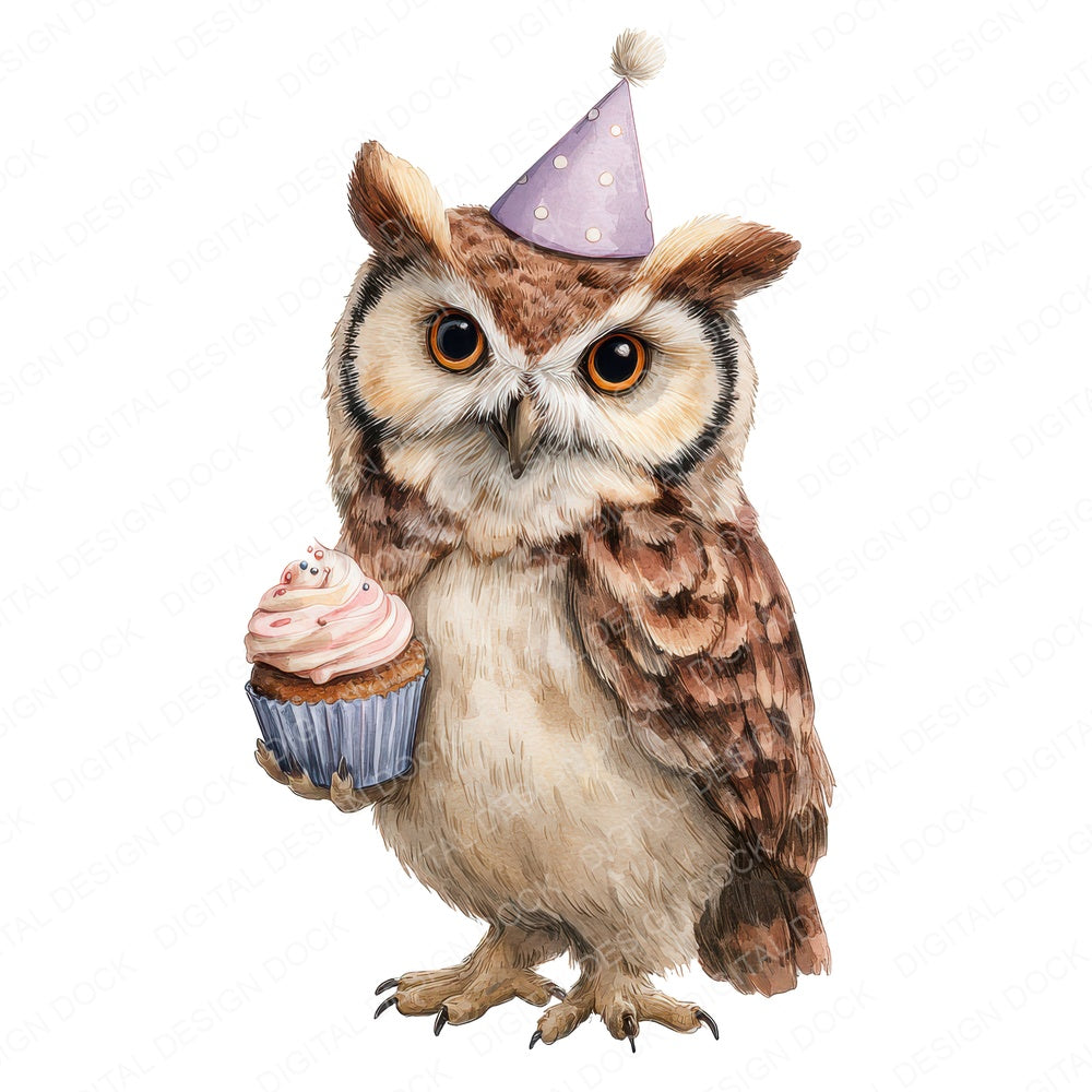 Watercolour Owl Cupcake fussy cut sheet in US Letter format showing all 12 designs on one printable page