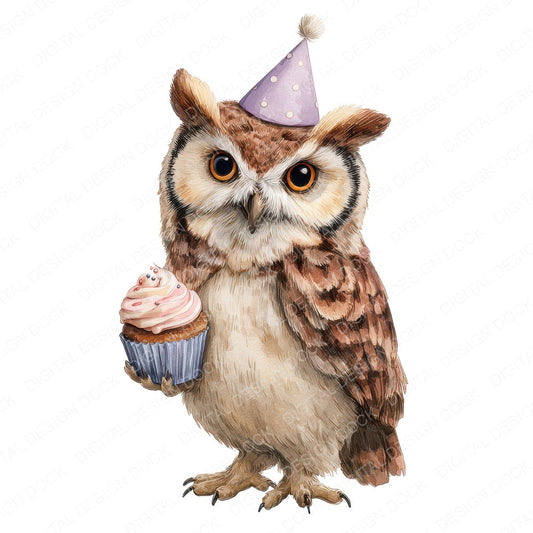 Watercolour Owl Cupcake fussy cut sheet in US Letter format showing all 12 designs on one printable page