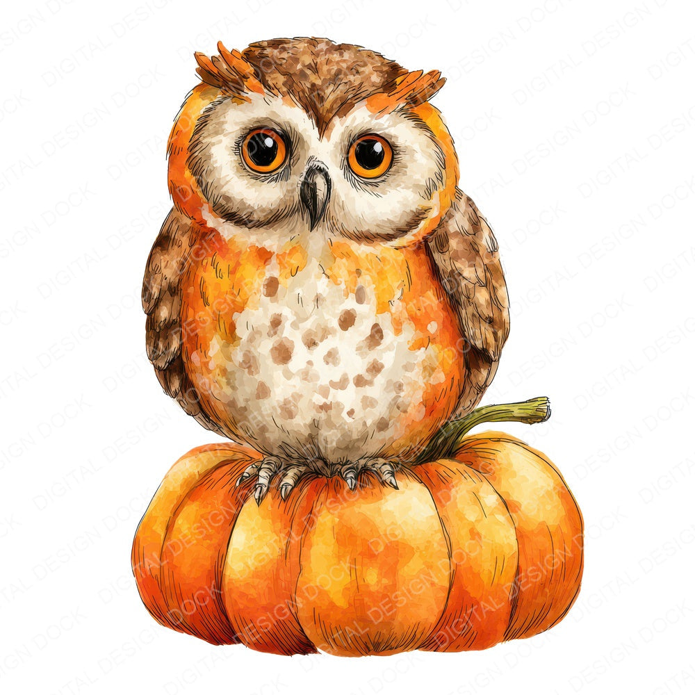Watercolour Owl Pumpkin fussy cut sheet in US Letter format showing all 12 designs on one printable page