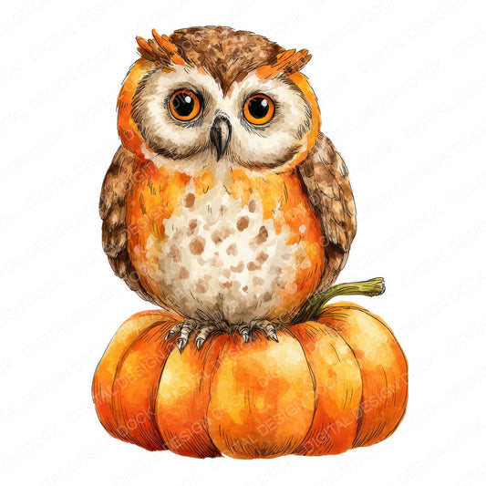 Watercolour Owl Pumpkin fussy cut sheet in US Letter format showing all 12 designs on one printable page