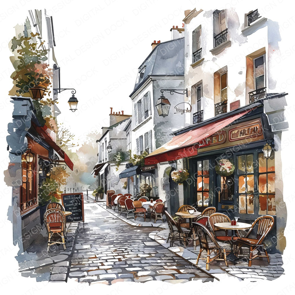 Watercolour Paris Street fussy cut sheet in US Letter format showing all 12 designs on one printable page