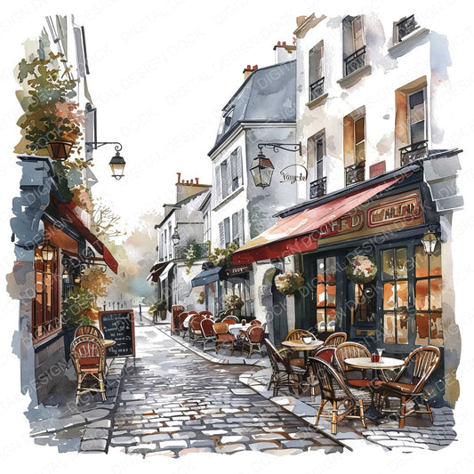 Watercolour Paris Street fussy cut sheet in US Letter format showing all 12 designs on one printable page