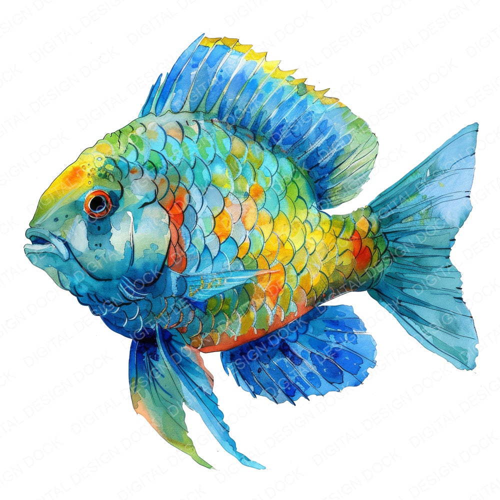 Watercolour Parrotfish fussy cut sheet in A4 format showing all 12 designs on one printable page