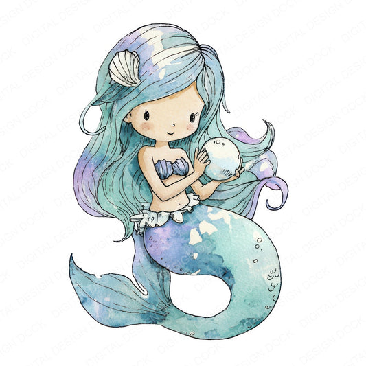 Watercolour Pearl Mermaid fussy cut sheet in A4 format showing all 12 designs on one printable page