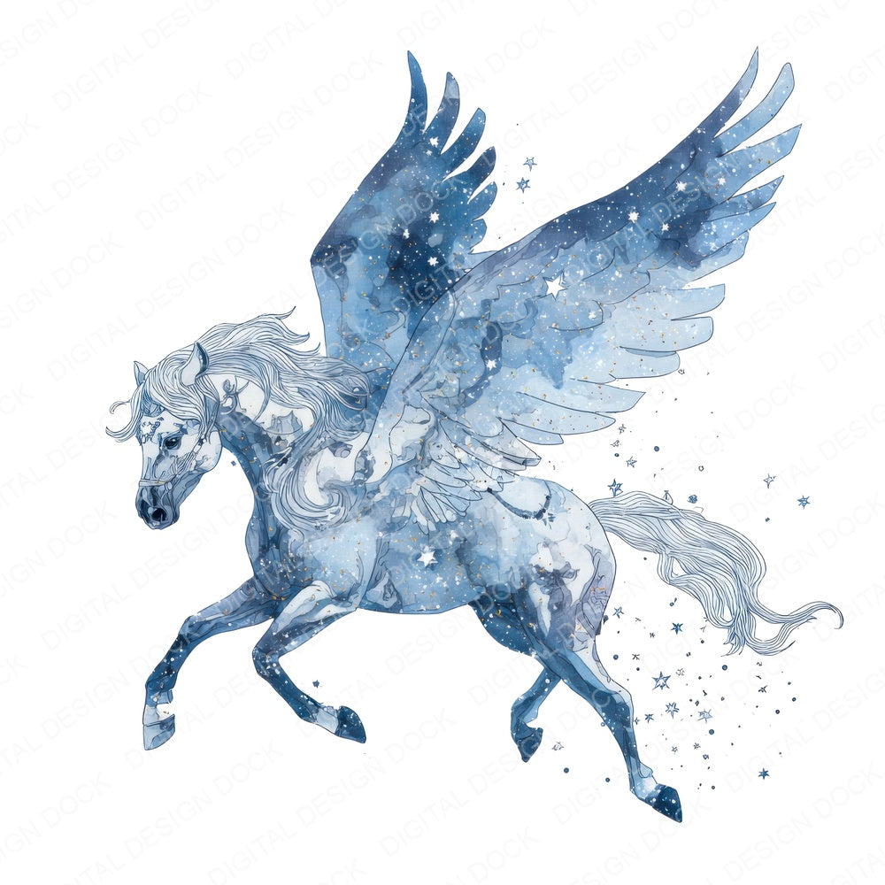 Watercolour Pegasus fussy cut sheet in A4 format showing all 12 designs on one printable page