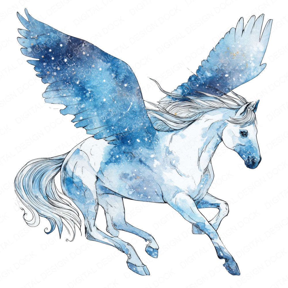 Watercolour Pegasus fussy cut sheet in US Letter format showing all 12 designs on one printable page