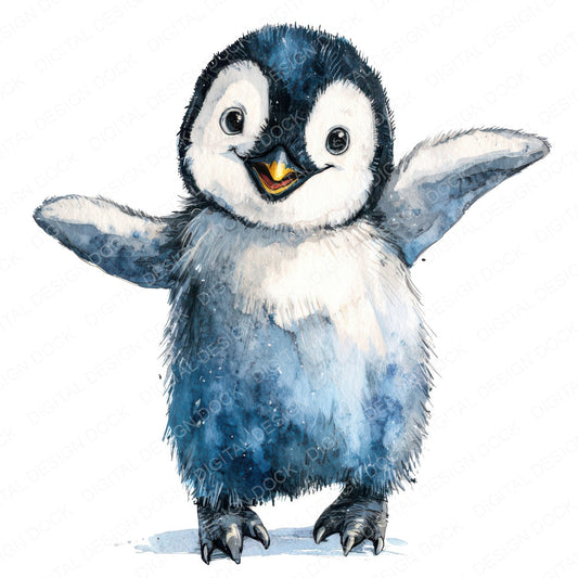 Watercolour Penguin B fussy cut sheet in US Letter format showing all 12 designs on one printable page